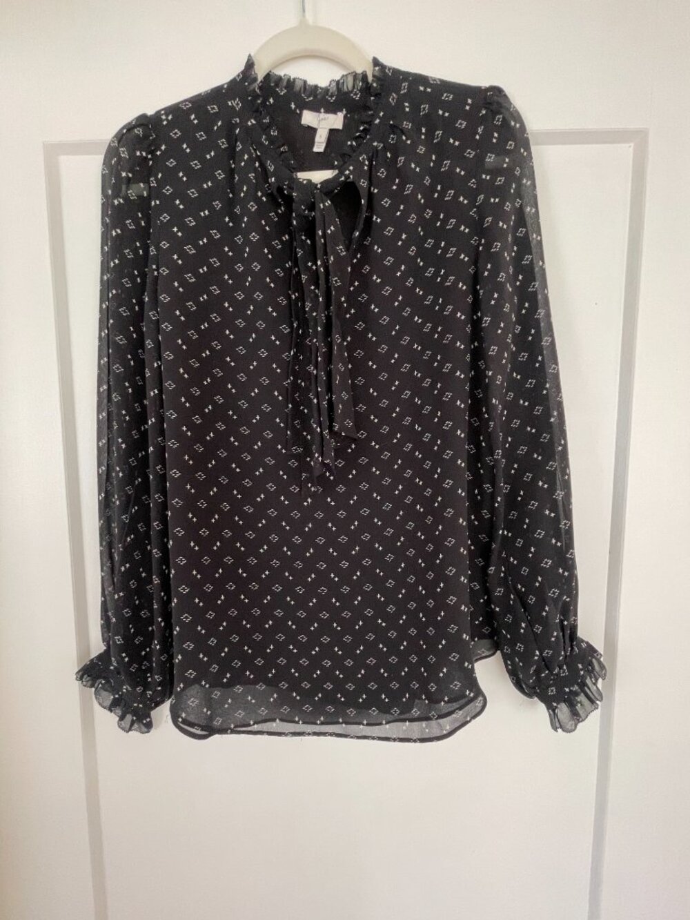 Joie Black 100% Silk Print Tie-Neck Ruffle Blouse